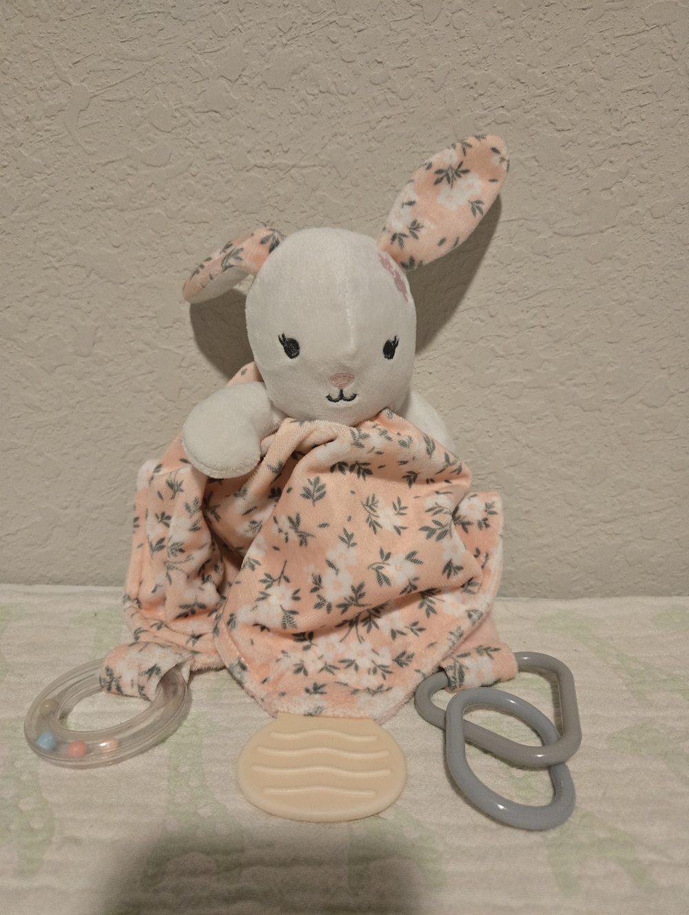 Modern Baby Bunny Rattle Activity Security Blanket Lovey.